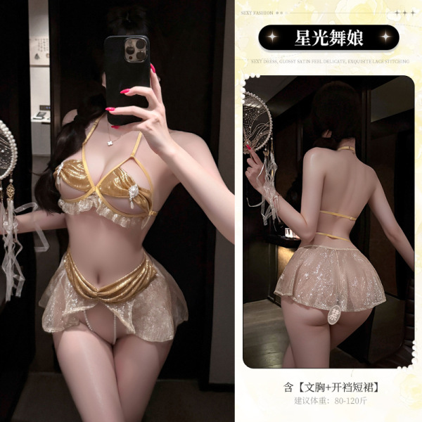 ManYan Starlight Dancer Lingerie Set - Pearl Massage Erotic Costume with Open-Crotch Design, No-Remove Style - 6921183366605 Gold [Bra + Open Crotch Mini Skirt]