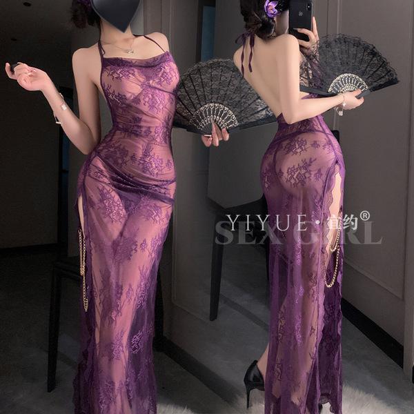 Yiyue purple lace sensual off-shoulder chemise - sheer temptation sleepwear & roleplay outfit, elegant design with intricate ...