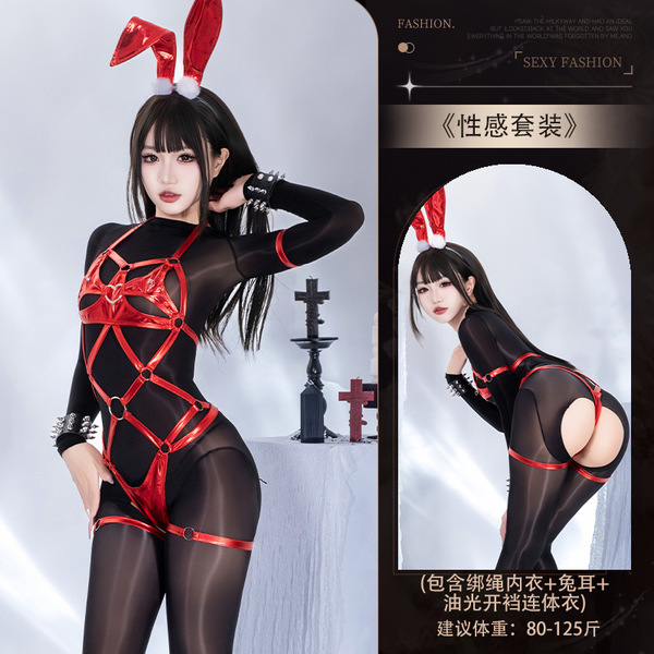 Plus Size Bunny Girl Latex-Style Bondage Set - Dark Fantasy Role Play Outfit with Adjustable Restraints - Set 6984 [Glossy Open Crotch Bodysuit + Red Tie-Up Underwear]