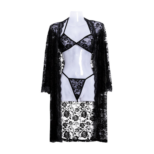 Lace Sexy Lingerie Set for Women - Plus Size Transparent Adult Costume Sleepwear Robe 3-Piece Ensemble - black