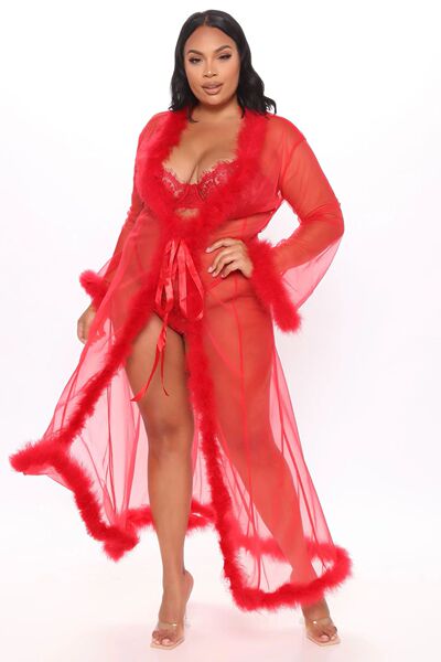 Fuzzy Romantic Lingerie Set for Women – Sexy Long Sleeve Sensual Sleep Dress & Nightgown - red