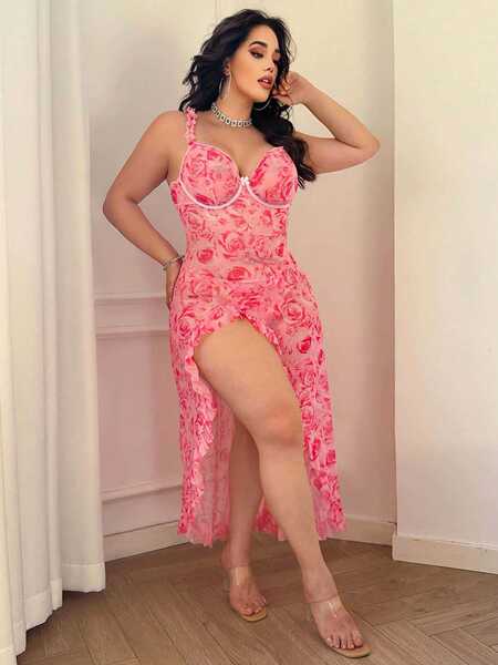 Rose Print Sheer Plus Size Lingerie Set – Sexy Women's Nightgown & Thong Two-Piece Outfit - pink