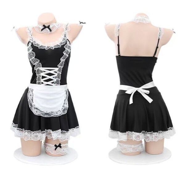 Sexy maid costume for women featuring an apron, lace details, and stockings, perfect for role play. plus size design availabl...