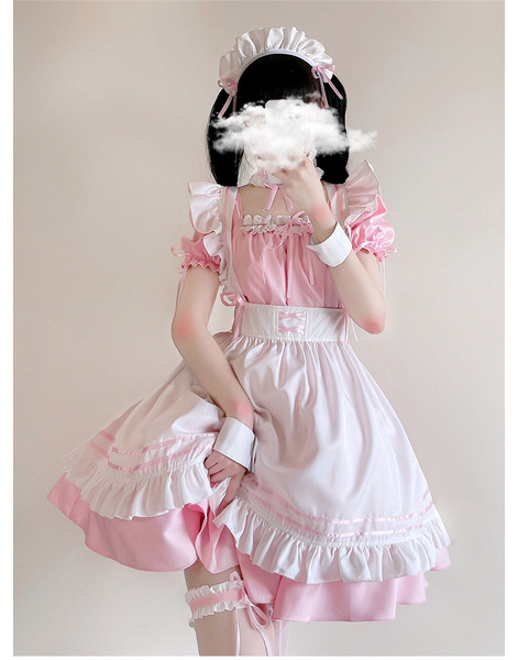 Japanese Black & White Maid Dress for Women - Cute Lolita Cosplay Costume, Plus Size Kawaii Uniform - Pink 7-piece outfit set
