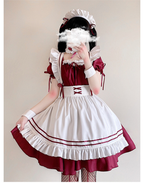 Japanese Black & White Maid Dress for Women - Cute Lolita Cosplay Costume, Plus Size Kawaii Uniform - Burgundy 7-piece clothing set