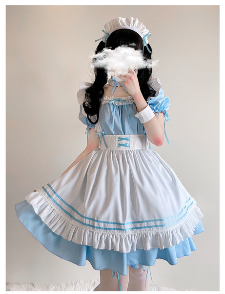 Japanese Black & White Maid Dress for Women - Cute Lolita Cosplay Costume, Plus Size Kawaii Uniform - Sky blue 7-piece clothing set