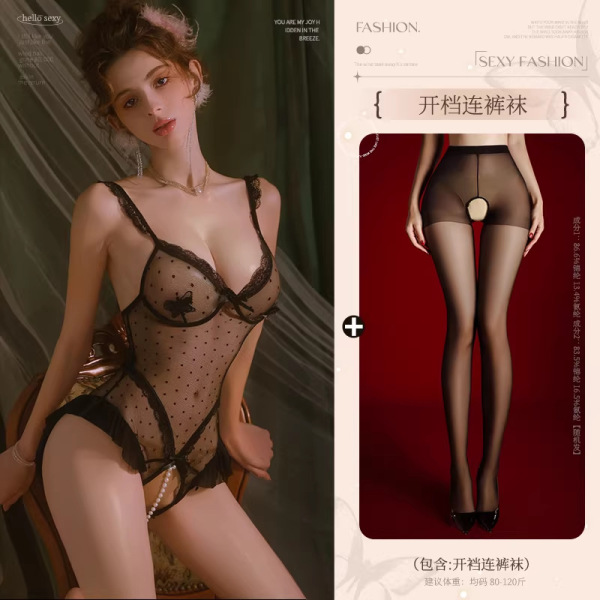 Mannyan Sensual Lace Bodysuit for Women - Sheer Mesh Open-Crotch Sleepwear with Pearl Beading & Polka Dot Butterfly Desi - Black bodysuit + 7001 black stockings
