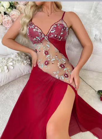European & US New Sexy Lingerie Nightgown – Sheer Floral Lace Long Dress with Asymmetrical Embroidery & Sensual Cutouts - red
