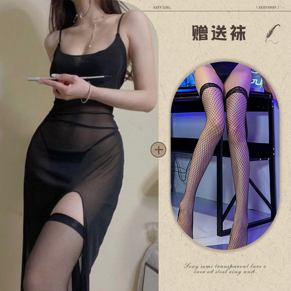 Women's Sexy Lace Mesh Nightgown - Sheer Seductive Slip Dress with Side Slit, Comfortable & Alluring Sleepwear - Black + Black Fishnet Stockings