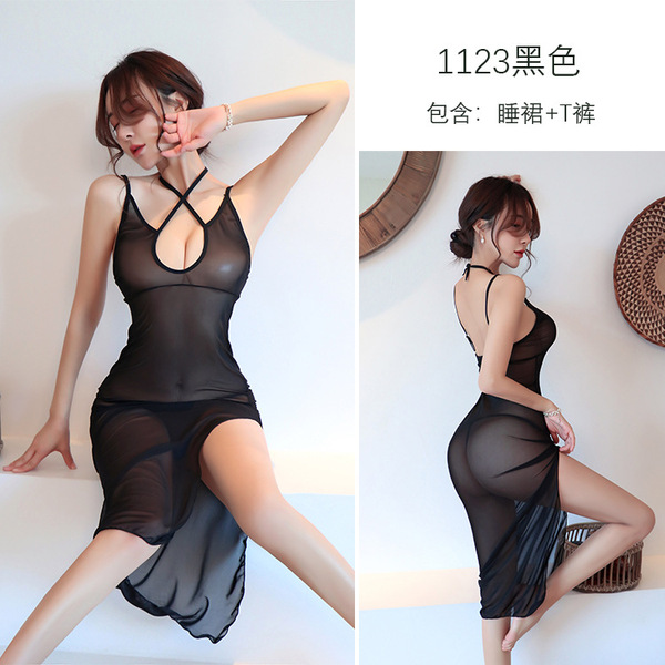 Seductive Sheer Lace Sleepwear Set for Women – Passionate Costume-Inspired Sensual Nightgown & Matching Bralette - black