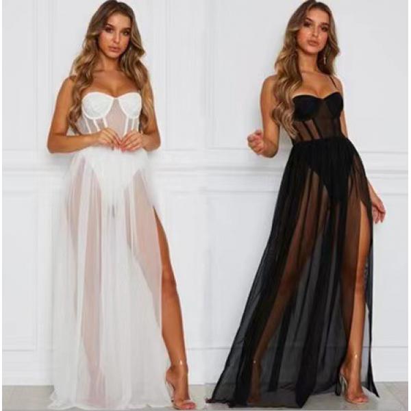 Muse maxi dress white mesh long gown – trendy style flowy summer dress for women, featuring elegant design and sheer fabric...