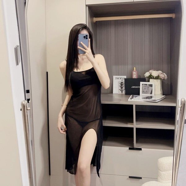 Women's Sexy Sheer Lace Sleep Dress - Transparent Mesh Long Nightgown for Romantic Lingerie Moments - black