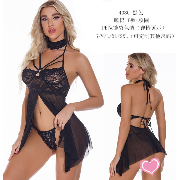 Sexy Lace Sleepwear Set for Women – Halter Neck Seductive 3-Piece Nightgown Set, European Style Lingerie - black