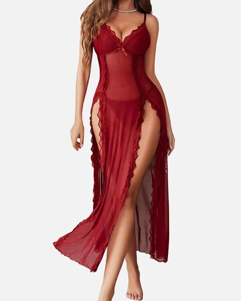 V-Neck Backless Lace Sleep Set for Women – Sexy Mesh Print Camisole & Matching Shorts - Claret