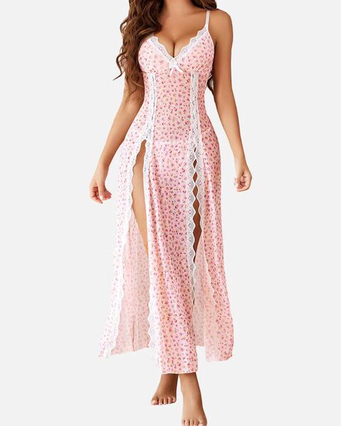 V-Neck Backless Lace Sleep Set for Women – Sexy Mesh Print Camisole & Matching Shorts - pink
