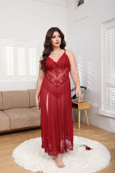 Plus Size Sexy Lace Long Dress Set - Semi-Sheer Backless Transparent Evening Ensemble for Curvy Women - Claret