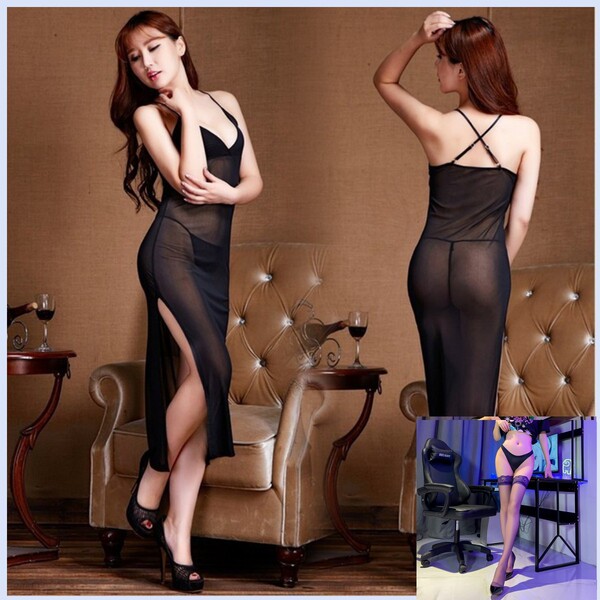 Women's Sexy Lace Backless Mesh Nightgown Set - Seductive Sheer Sleepwear & Intimate Lingerie - Black + black stockings