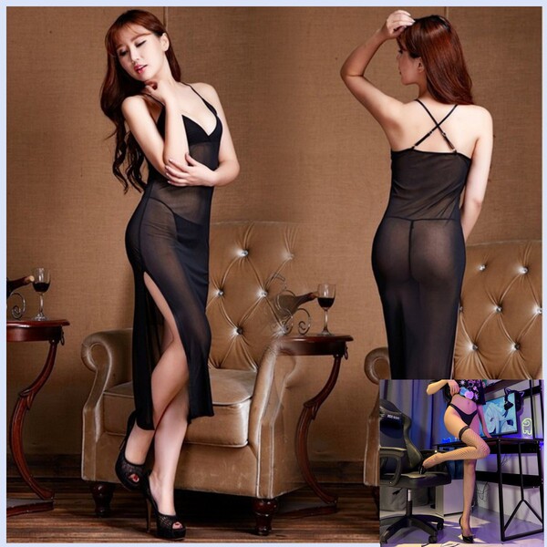 Women's Sexy Lace Backless Mesh Nightgown Set - Seductive Sheer Sleepwear & Intimate Lingerie - Black + Black Fishnet Stockings