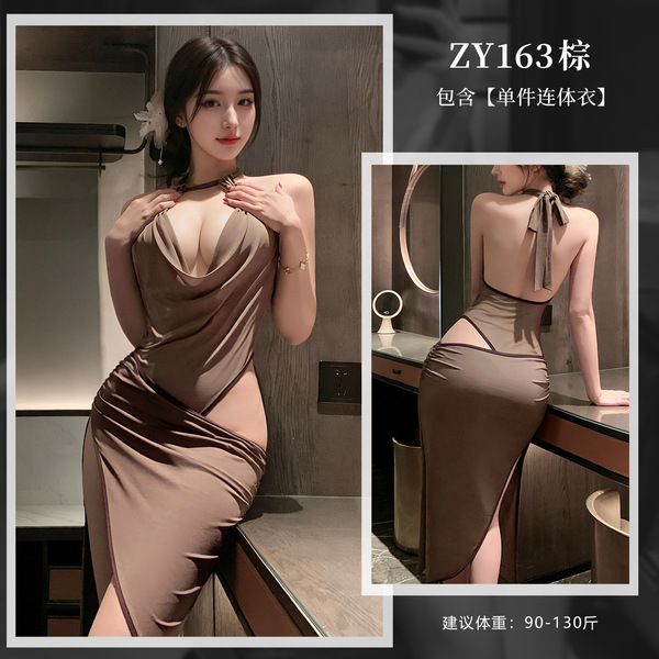Feimu Amber Beauty Deep V Plunge Lace Bodysuit - Sensual Sheer Sleepwear for Women - 6942508602437◆Amber Beauty◆Brown【Single Bodysuit】
