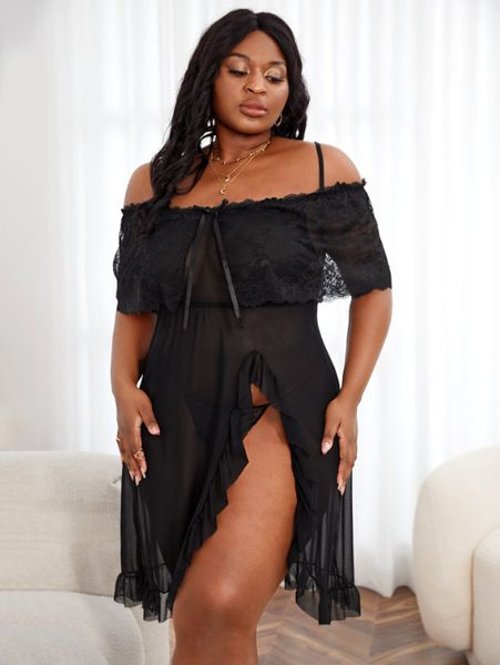 Plus Size Sexy Lace Sleepwear Set - Sheer Off-Shoulder Cami Dress with Transparent Mesh & Floral Embroidery - black