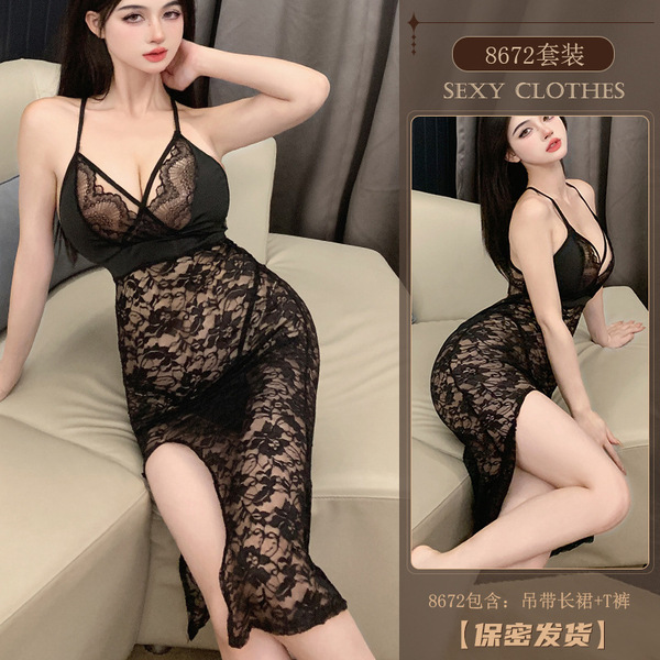 Yiyue Sexy Lace Slip Dress - Sheer Mesh Nightgown, Provocative Lingerie for Small Bust, Club & Bedroom Wear - black