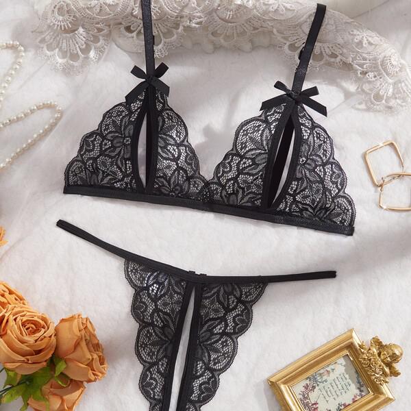 Lace sleepwear set featuring intricate black lace design with bows, perfect for women seeking elegant european-american style...