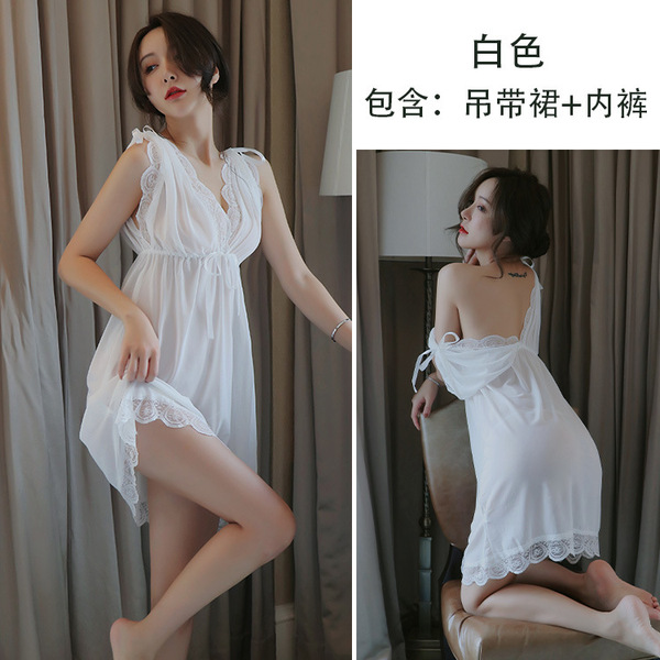 Plus Size Sexy Sleepwear for Women – Sheer Mesh Lace Nightgown, Elegant Transparent Silk Sleep Dress - White
