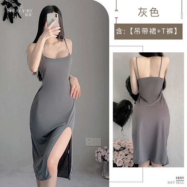 Shuoyao Sexy Split Long Nightgown - Hot Strapless Lingerie Dress for Role Play & Nightclub Outfits - grey