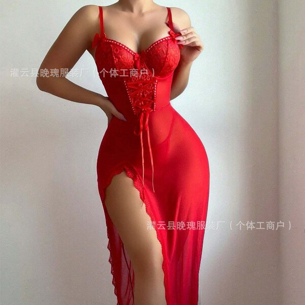 Lace Sheer Mesh Long Nightgown - Sexy Transparent Sleep Dress with Slit & Adjustable Straps for Women - Claret