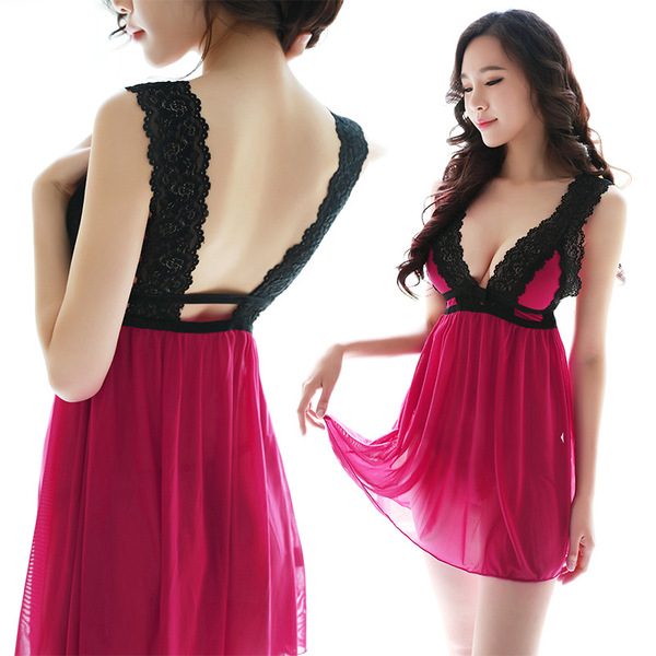 Sexy Lace Sheer Sleep Dress for Women – Breathable Backless Summer Pajama Set, Wholesale & Dropship Ready - red