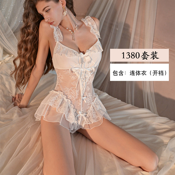 Yiyue Sexy Lace Bodysuit for Women - Sheer Seductive Sleepwear & Lingerie Set, Pure-Yet-Alluring Uniform Style - White