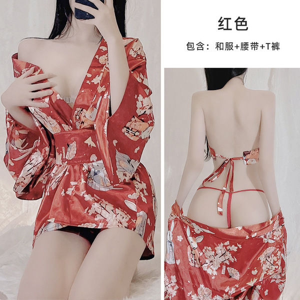 Japanese-Style Sexy Deep V Lingerie Set - Seductive Kimono-Inspired Bedroom Outfit - red