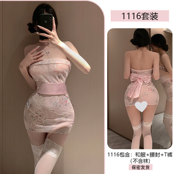 Transparent Embroidery Lingerie Set – Japanese Style Kimono Wrap Bra & Matching Bottoms for Date Night - 1116 Pink + 7210 White Stockings