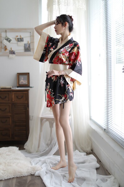 Japanese Kimono Style Lingerie Set - Seductive & Playful Role Play Outfit, One-Piece Costume for Adults - black