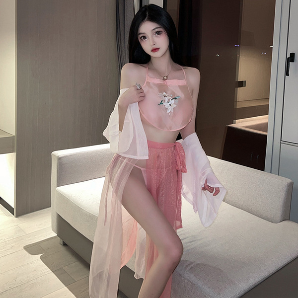 Chinese Ancient Hanfu Lingerie Set – Embroidered Seductive Bodice Sleepwear & Uniform-Inspired Temptation Outfit - pink