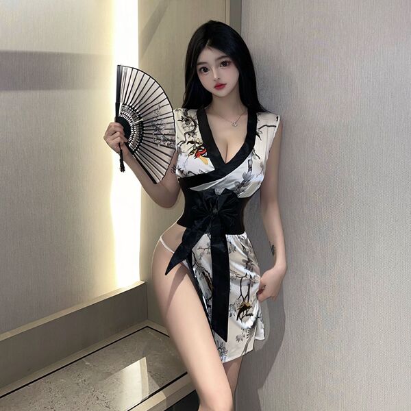 Japanese-Style Sexy Lace Kimono Robe Set for Women – Bowknot Lingerie Outfit, Costume & Roleplay Ensemble - black