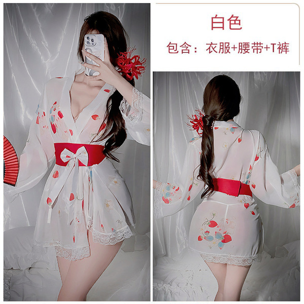 Japanese Kimono Style Halloween Lingerie - Deep V Retro Sexy Costume for Curvy Women - White