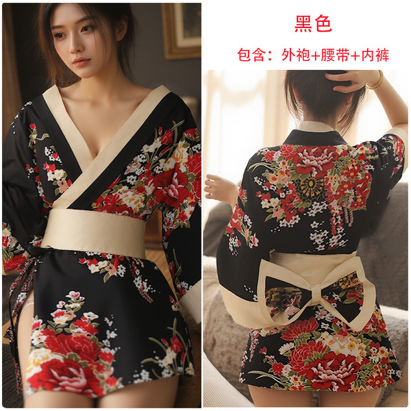 Yufei Japanese-Style Lingerie Robe Set - Seductive Couples Sleepwear & Tempting Kimono-Inspired Nightwear - black
