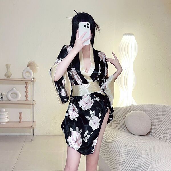 Japanese Kimono Lingerie Set for Women - Flirty Playful Costume with Floral Print & Dramatic Sleeves - Image color