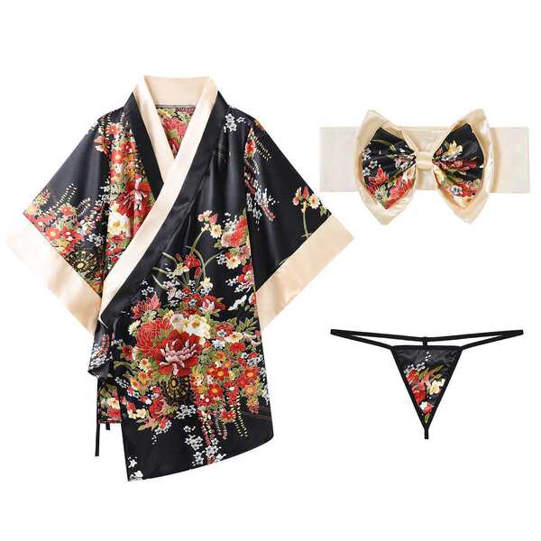 Sakura Kimono Lingerie Set - Japanese Role Play Costume for Cosplay, Sauna & Sensual Play - black