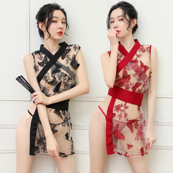 Japanese-inspired lace sheer floral kimono-style erotic lingerie set featuring embroidered mesh and cross-strap design.