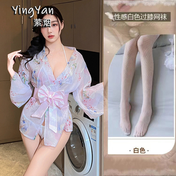 Japanese-Style Lace Kimono Set - Sexy Bow-Tie Sheer Robe & Matching 3-Piece Outfit for Women - 0833 Pink + White Fishnet Stockings