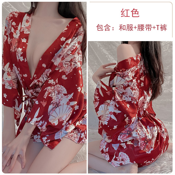 Gioruo Sexy Deep V Lingerie Set - Japanese Print Kimono Style Bedroom Outfit, Thin & Alluring - red