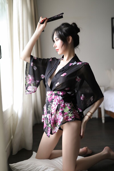 Japanese Kimono-Style Lingerie Set - Sexy Women's Cosplay Uniform Outfit for Role Play & Costume Parties - black