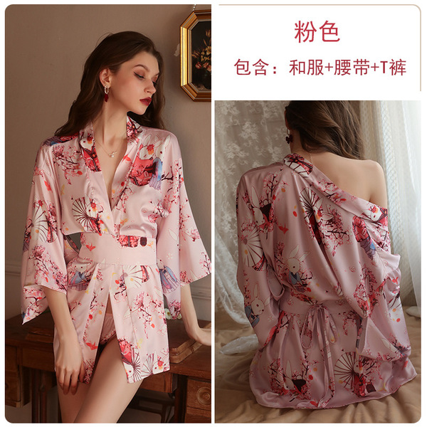 Glorious Sensual Lingerie Set - Low-Cut Seductive Kimono-Style Waist-Slimming Sleepwear Outfit - pink