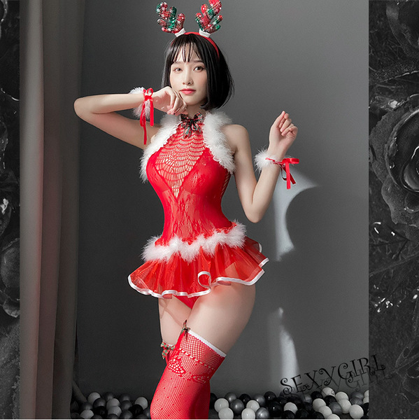 2023 New Year Red Sexy Lingerie Set – Velvet Reindeer-Themed Bodysuit & Mesh Costume Outfit - 7438 [Headband + Bow Tie + Mesh Bodysuit + Tulle Skirt + Bracelet + Fishnet Stockings]