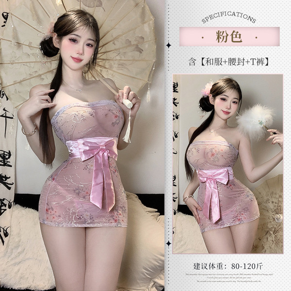 Pure & Seductive Lace Kimono Sleep Set - Sheer Floral Print Bodysuit & Bodycon Nightdress with Matching Bralette - pink