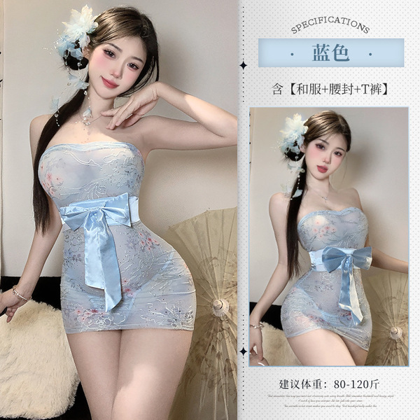 Pure & Seductive Lace Kimono Sleep Set - Sheer Floral Print Bodysuit & Bodycon Nightdress with Matching Bralette - blue