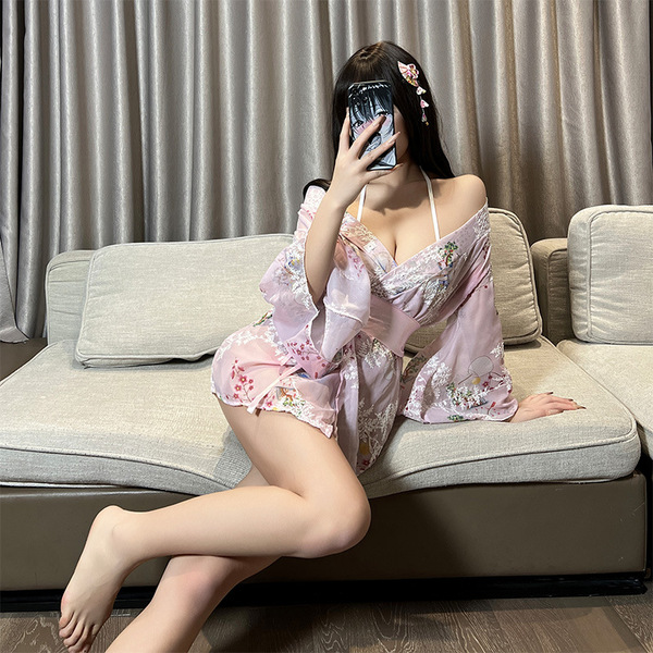 Japanese Kimono Lingerie Set - Sheer Mesh Sexy Sleepwear for Role Play & Date Night - pink