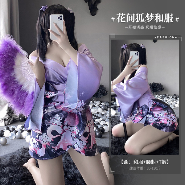 Ruolan Japanese Kimono-Style Lingerie Set - Sweet Anime Sleepwear Robe & Open-Front Nightgown for Women - Gradient Purple (Kimono + Obeisise + T-shirt) High-quality fabric